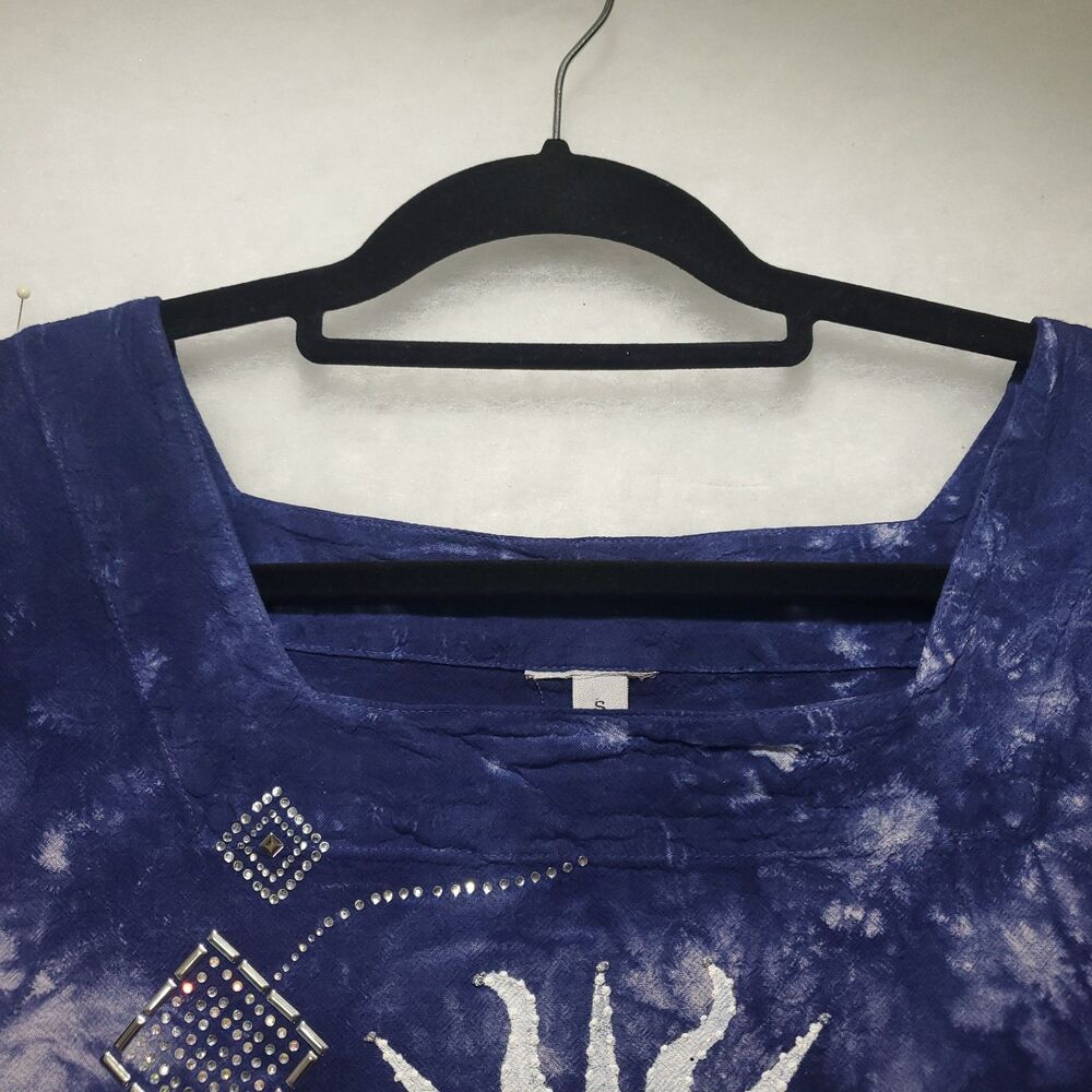 S Batik Tie Dye Sun Moon Blouse Square Neck 3/4 Sleeve Indigo Blue Celestial - Picture 4 of 10